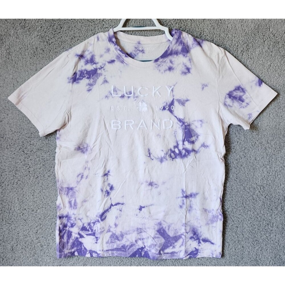 Lucky Brand Purple Marble Tie Dye Embroidered‎ T Shirt Size Large 100% Cotton